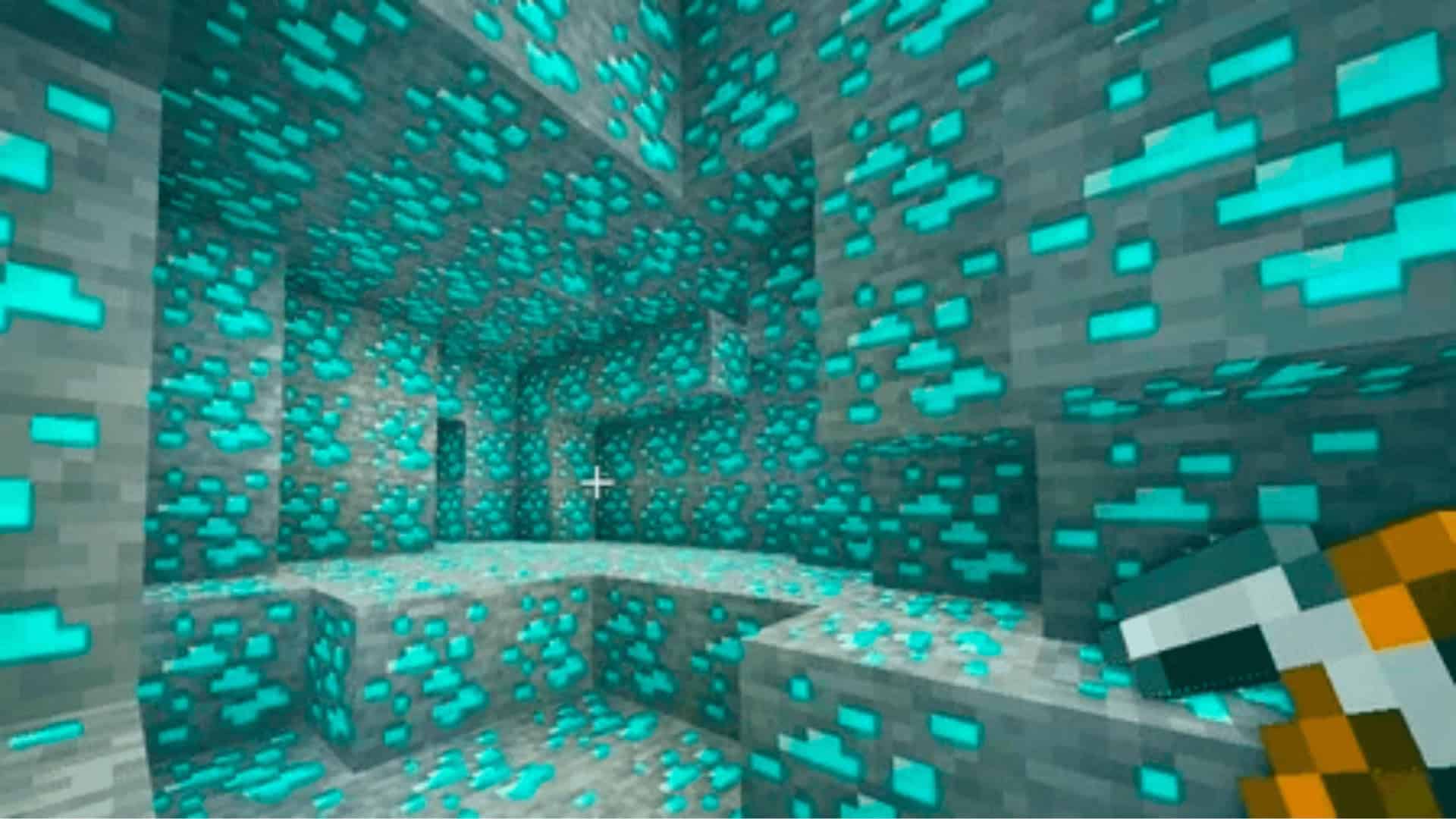 imagem do jogo minecraft com uma caverna repleta de diamantes