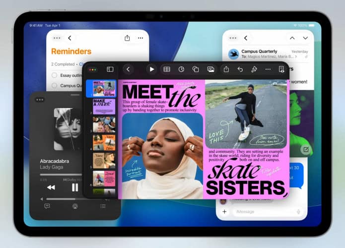 iPad com iPadOS 26 com várias janelas de aplicativos abertas e espalhadas pela tela