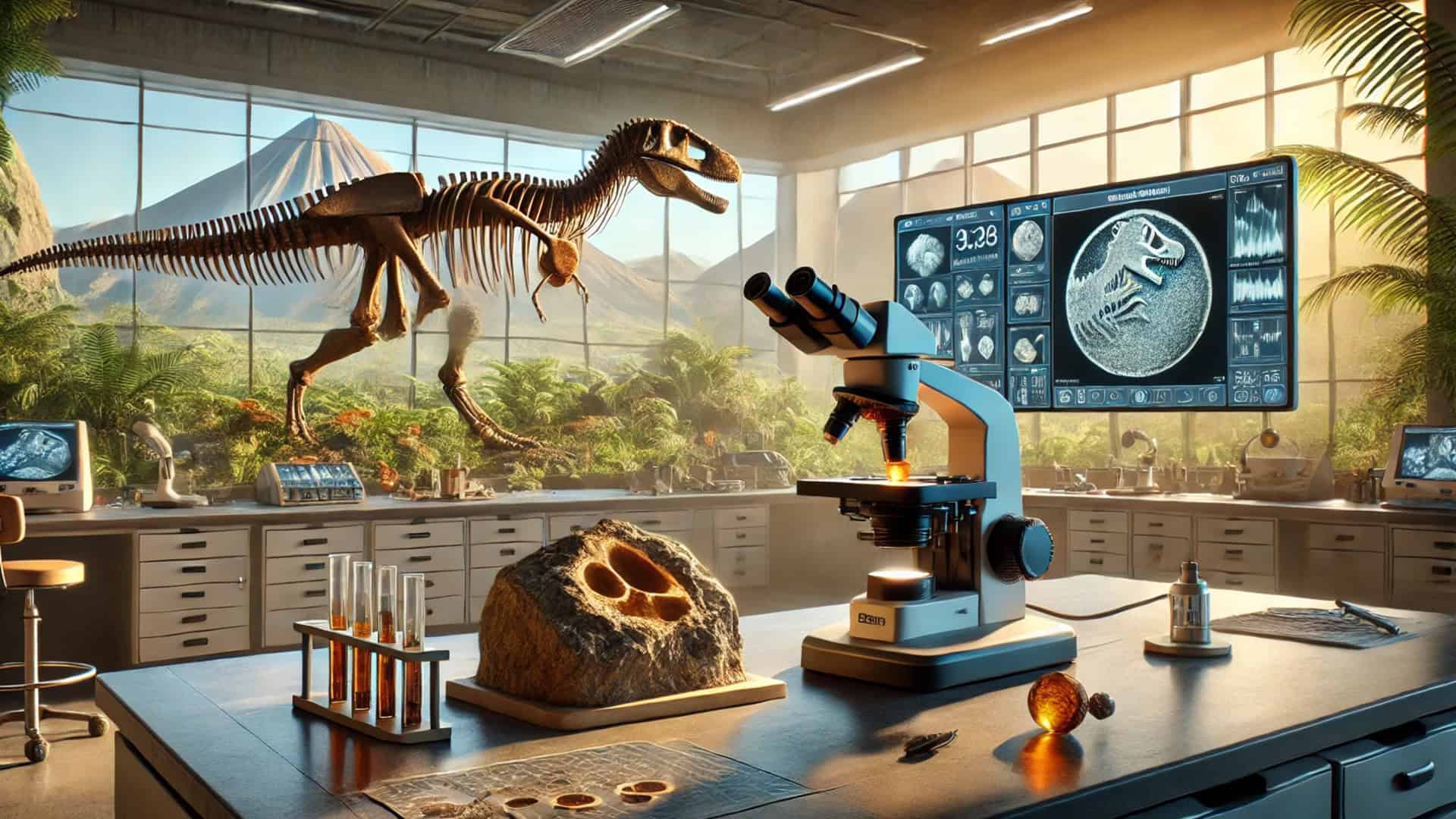 imagem gerada por ia mostra a relação entre dinossauros e pesquisa científica