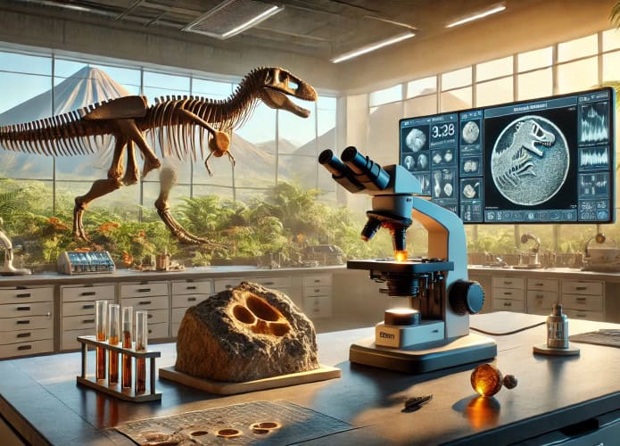 imagem gerada por ia mostra a relação entre dinossauros e pesquisa científica