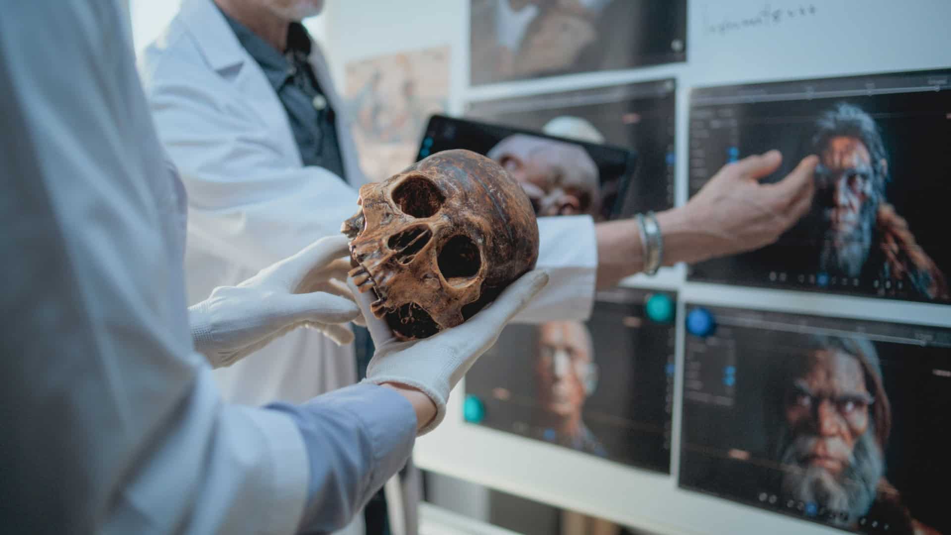 Cientista segura nas mãos um crânio de um hominídeo
