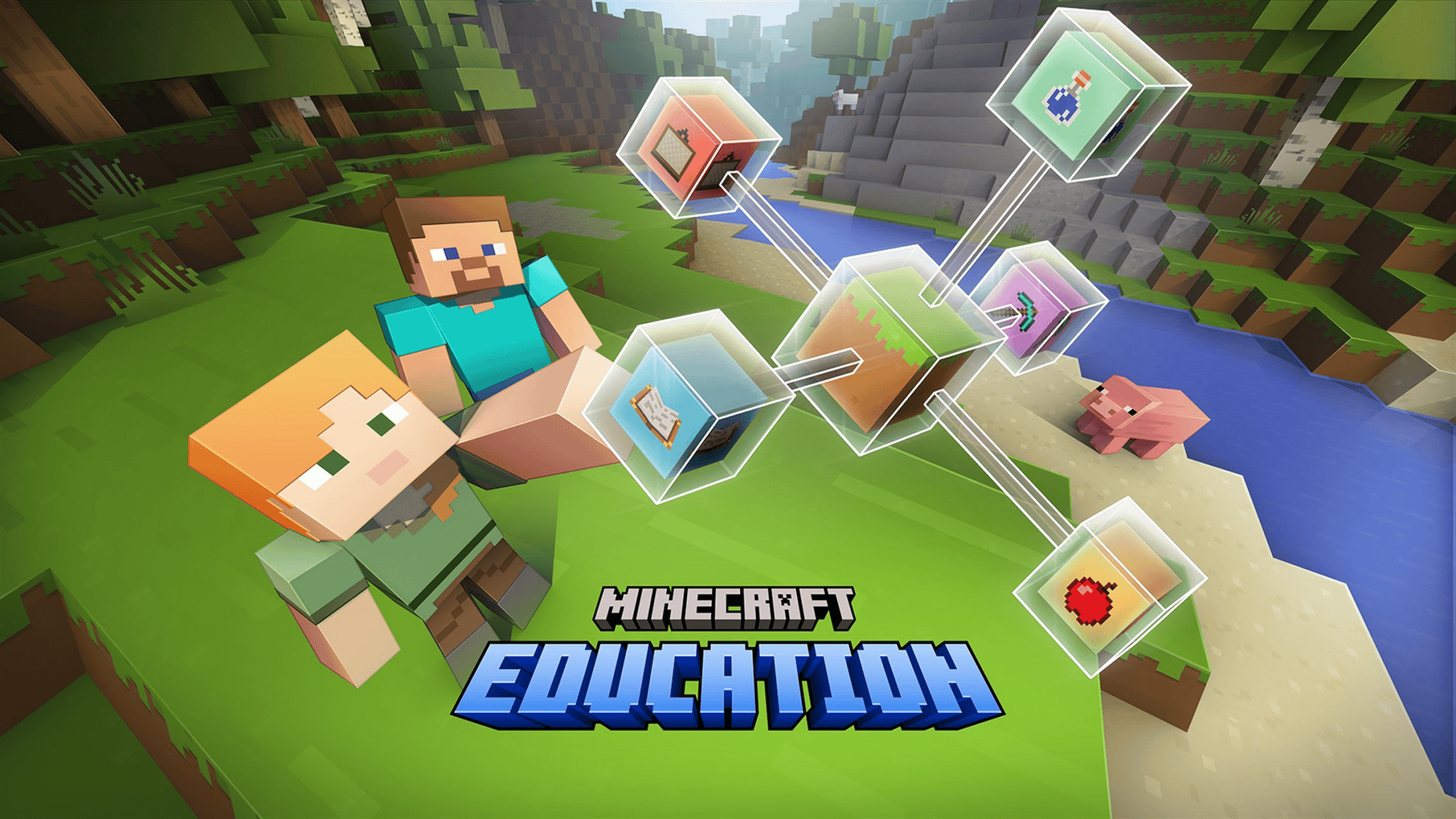 imagem mostrando personagens e logos do Minecraft for education