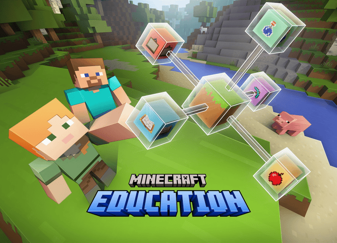 imagem mostrando personagens e logos do Minecraft for education
