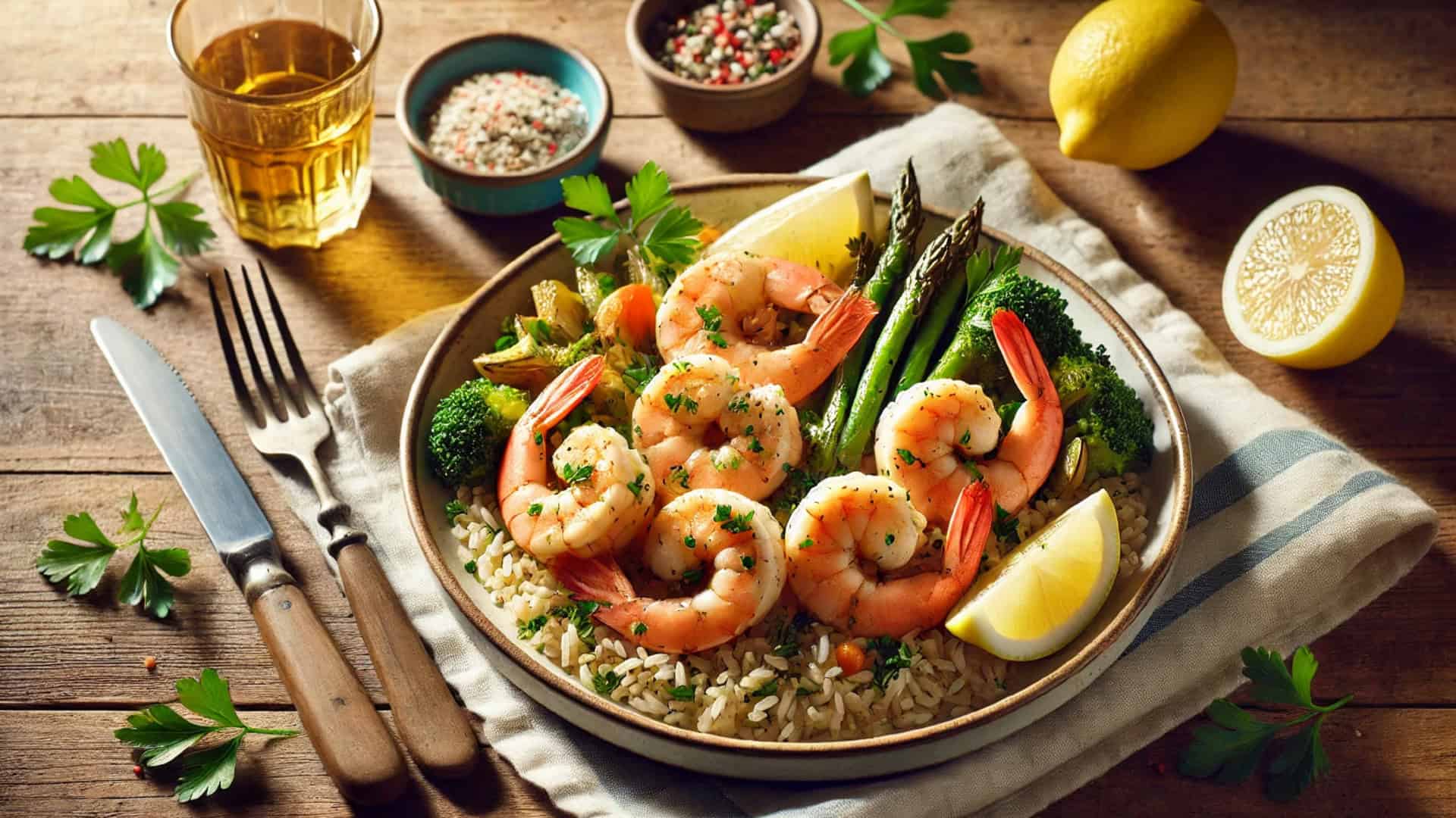Imagem de um prato gerado por inteligência artificial. Ele mostra um prato de camarão, feito por um chef