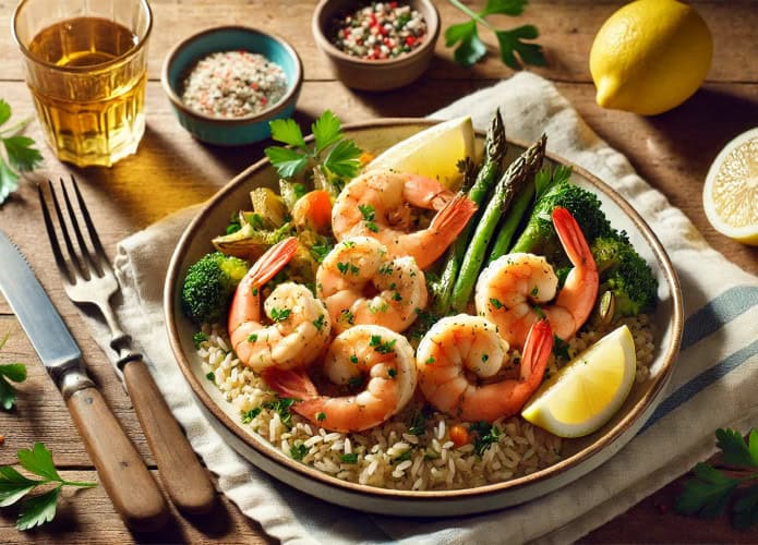 Imagem de um prato gerado por inteligência artificial. Ele mostra um prato de camarão, feito por um chef
