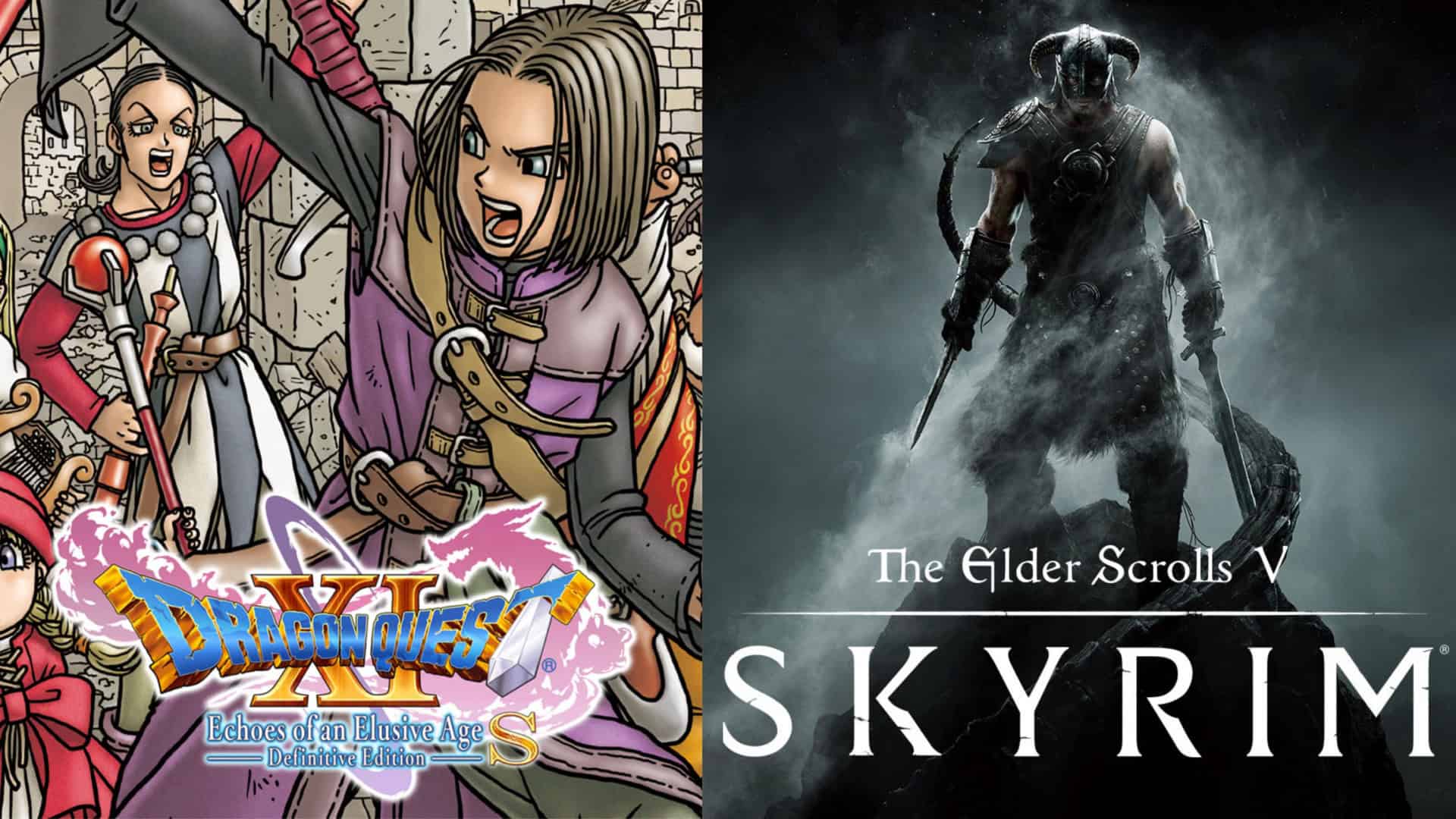 imagem é uma montagem com a capa de dois games: Dragon Quest XI (SquareEnix) e Skyrim (Bethesda Game Studios)