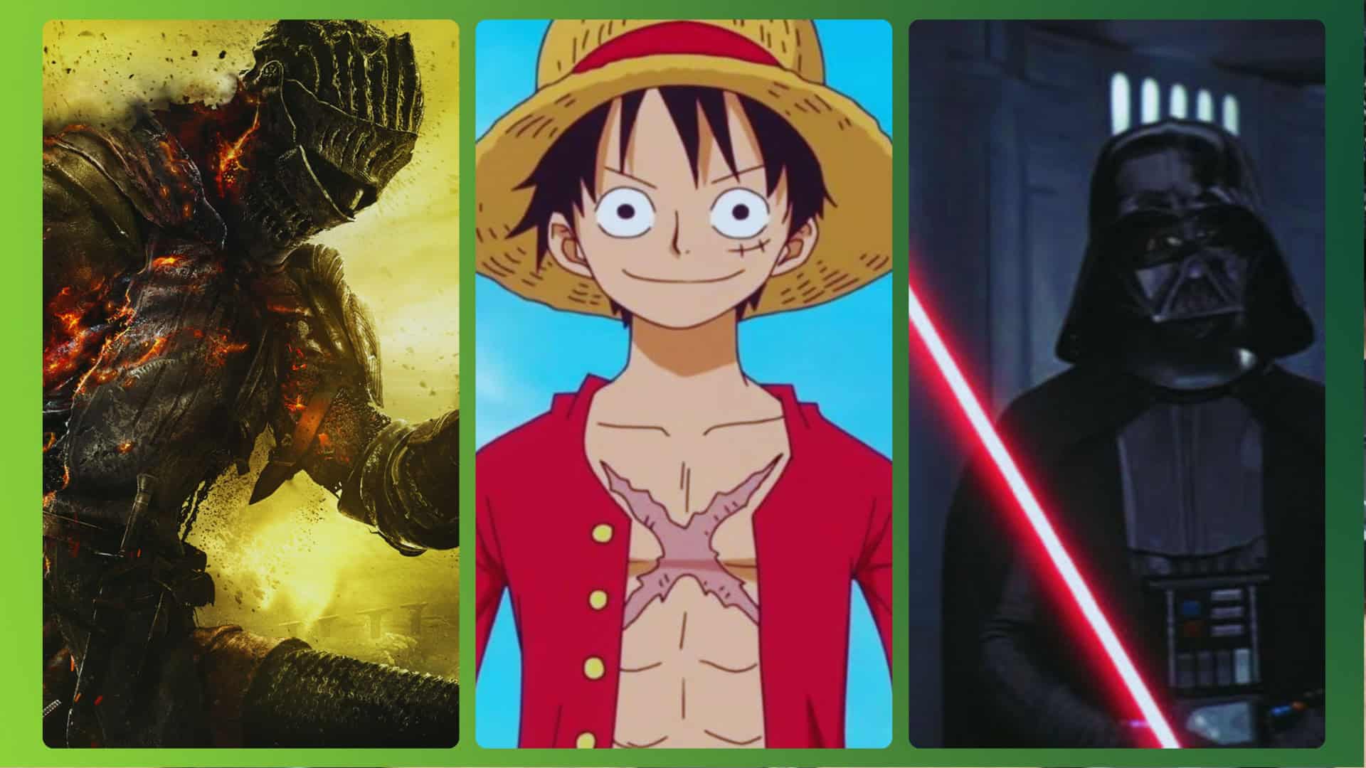 imagem mostra uma montagem com cenas de: one piece, dark soul, e star wars