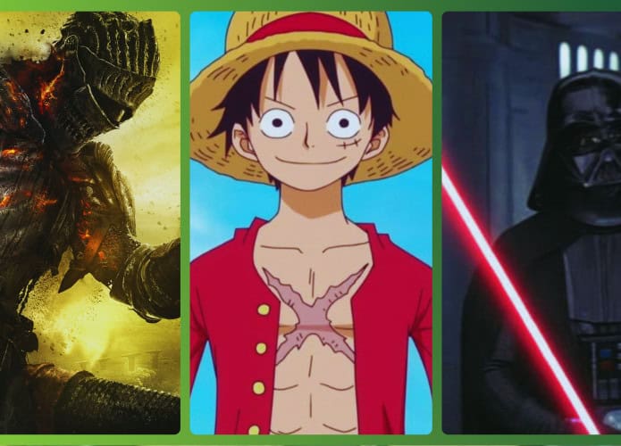 imagem mostra uma montagem com cenas de: one piece, dark soul, e star wars