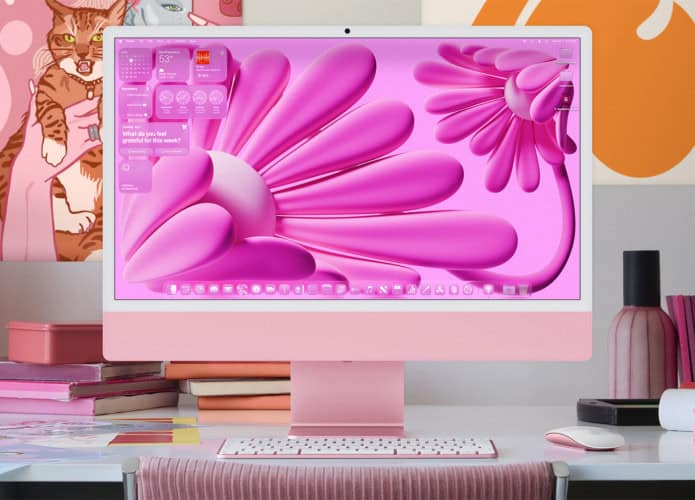 iMac rosa com o macOS Tahoe personalizado