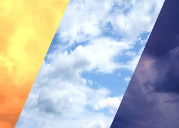 Céu nublado e dramático com relâmpagos ao fundo, representando fenômenos extremos como ondas de calor e tempestades.