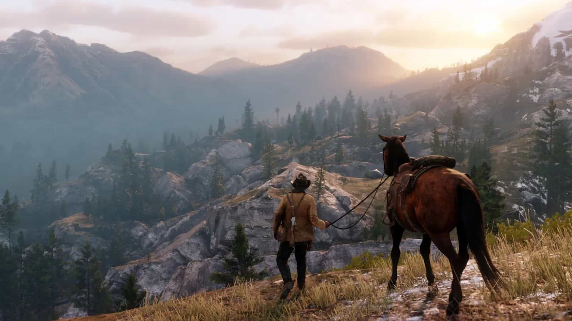 cena do jogo red dead redemption 2, com um homem e um cavalo em meio à natureza