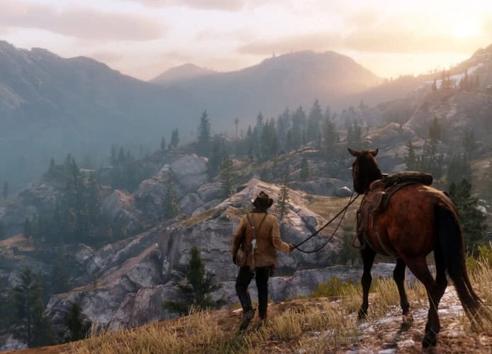 cena do jogo red dead redemption 2, com um homem e um cavalo em meio à natureza