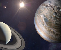 Ilustração digital do planeta Saturno ao lado de Júpiter