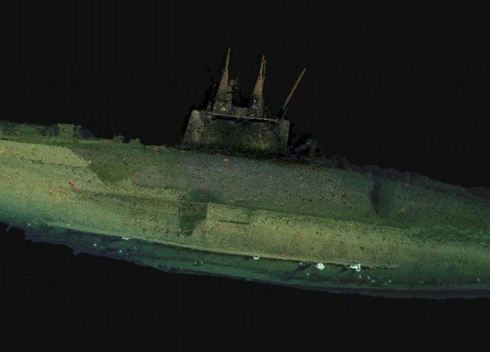 Reconstrução fotogramétrica do submarino USS F-1 no fundo do mar a oeste de San Diego, Califórnia