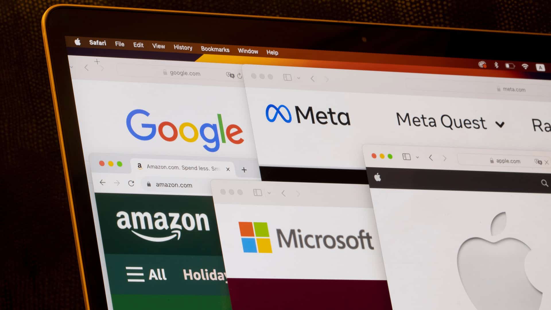 Páginas de internet de Google, Meta, Amazon, Microsoft e Apple