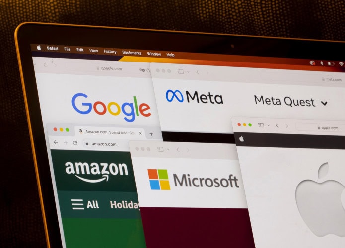 Páginas de internet de Google, Meta, Amazon, Microsoft e Apple
