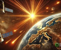 Representação artística elaborada com Inteligência Artificial de uma migração em massa de satélites provocada por uma tempestade geomagnética severa