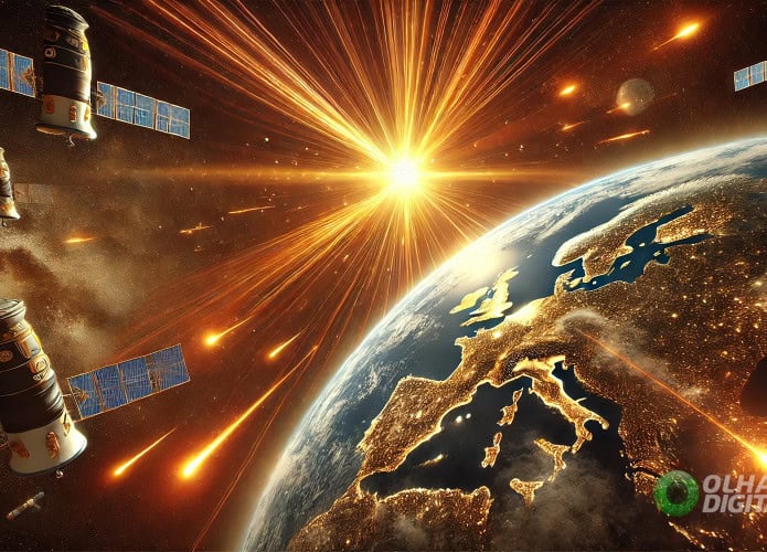 Representação artística elaborada com Inteligência Artificial de uma migração em massa de satélites provocada por uma tempestade geomagnética severa