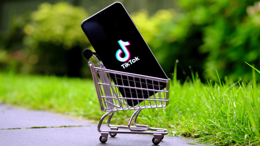 Ilustração com um celular abrindo o aplicativo do TikTok dentro de um carrinho de supermercado, uma alusão ao TikTok Shop