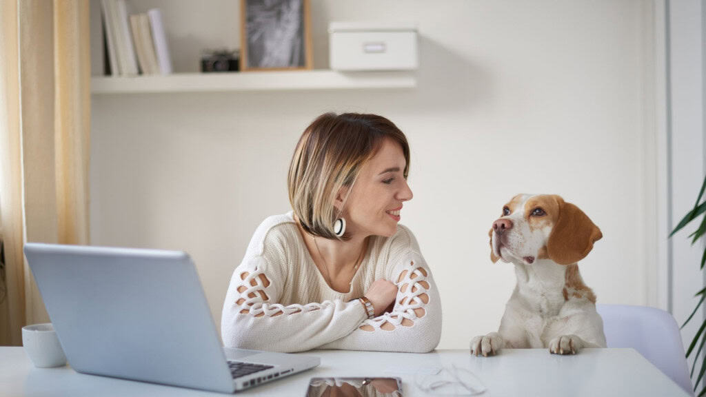 Uma mulher sorridente está sentada em uma mesa branca, olhando carinhosamente para um cachorro que está com as patas apoiadas na mesa. Ao lado dela há um notebook e uma xícara branca, em um ambiente claro e acolhedor.
