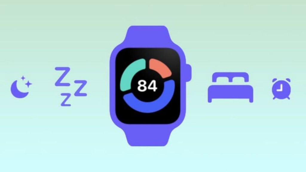 Montagem mostrando Apple Watch com ícones que remetem a sono
