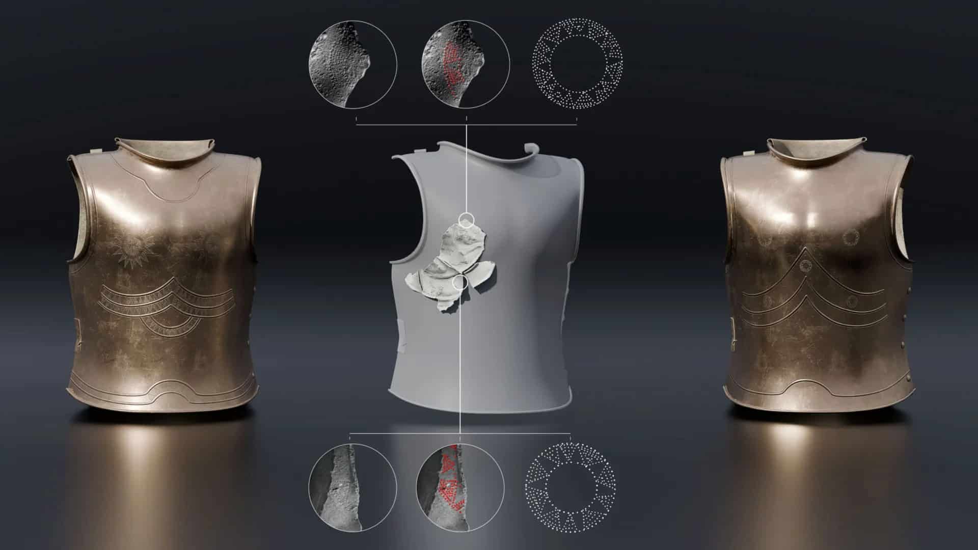 Pesquisadores usaram escaneamento 3D para examinar as peças e descobriram que pertenciam a um peitoral de armadura