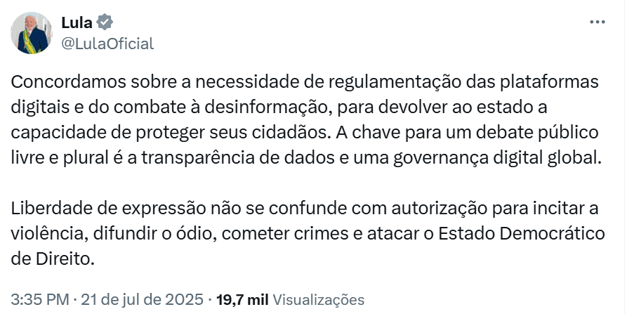 Lula e líderes presentes no evento Democracia Sempre concordaram com a defesa da regulamentação das plataformas digitais