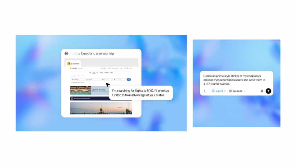 OpenAI lança IA para ChatGPT que faz coisas para você no computador 11 Montagem comcapturas de tela de ChatGPT Agent buscando passagens aéreas e criando figurinha