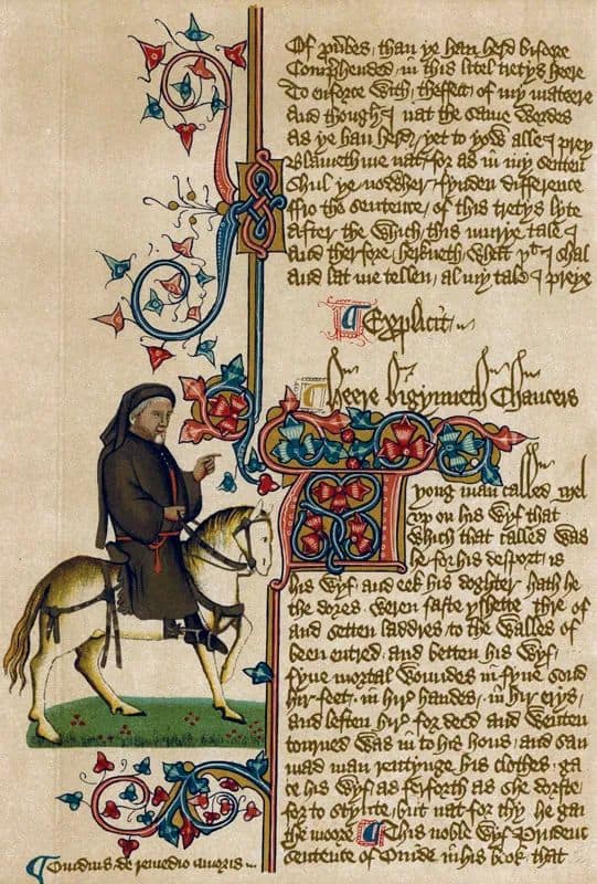 Retrato de Chaucer como um peregrino de Canterbury no manuscrito de Ellesmere de Os Contos de Canterbury.