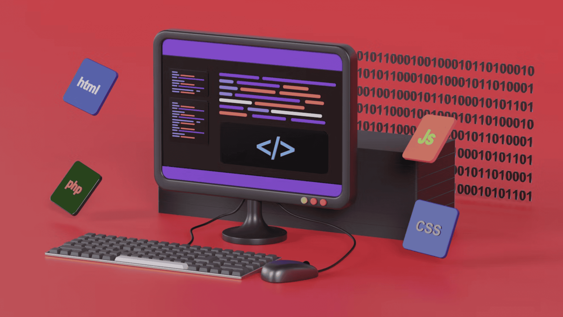 Ilustração 3D de um computador de mesa com linguagens de programação na tela e sem sua volta