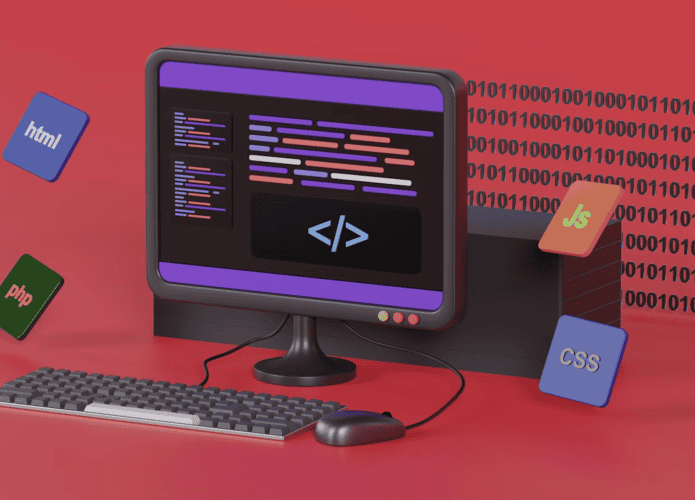 Ilustração 3D de um computador de mesa com linguagens de programação na tela e sem sua volta