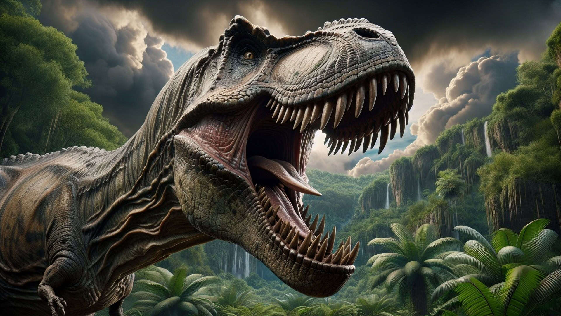 Imagine um dinossauro colossal, de postura imponente e corpo musculoso, equilibrado por uma longa cauda e sustentado por pernas fortes com garras afiadas. Com braços curtos, cabeça enorme e mandíbula poderosa repleta de dentes serrilhados de até 20 centímetros, o Tyrannosaurus rex exibia uma aparência feroz e perfeitamente adaptada para rasgar carne e esmagar ossos.