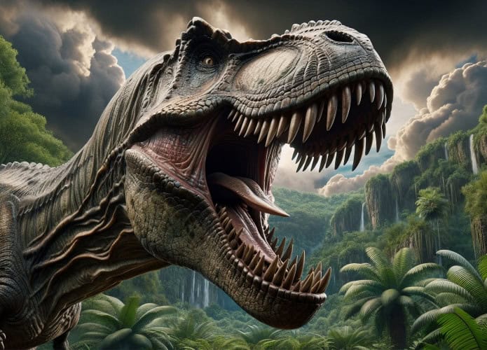 Imagine um dinossauro colossal, de postura imponente e corpo musculoso, equilibrado por uma longa cauda e sustentado por pernas fortes com garras afiadas. Com braços curtos, cabeça enorme e mandíbula poderosa repleta de dentes serrilhados de até 20 centímetros, o Tyrannosaurus rex exibia uma aparência feroz e perfeitamente adaptada para rasgar carne e esmagar ossos.