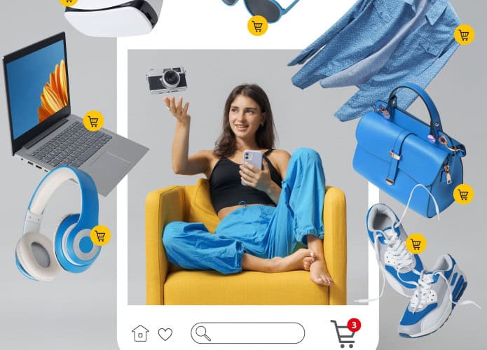 Montagem com moça sentada em poltrona rodeada por headphones, notebook, óculos de realidade virtual, óculos de sol, camisa, bolsa e tênis; moldura ao redor da moça lembra postagem em rede social