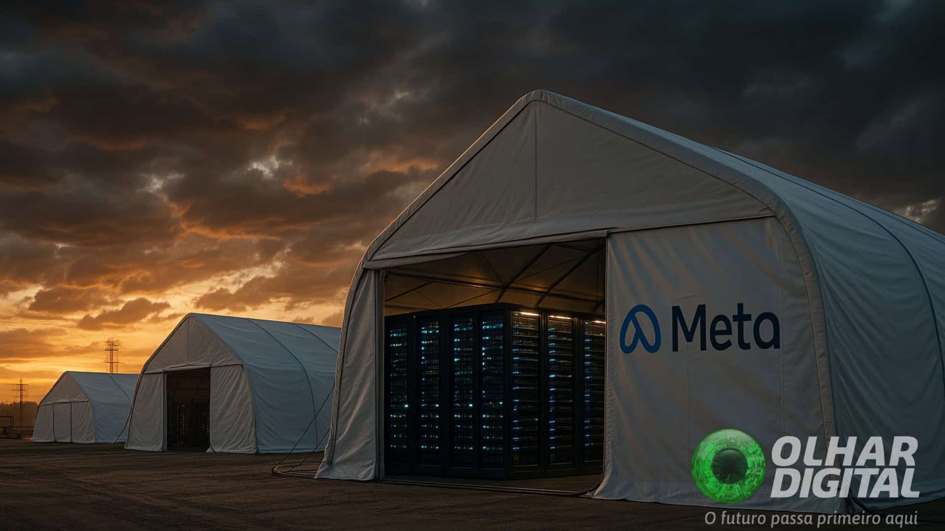 Ilustração de data center colocado dentro de barraca com logomarca da Meta na parte de fora