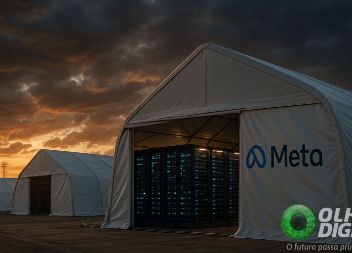 Ilustração de data center colocado dentro de barraca com logomarca da Meta na parte de fora