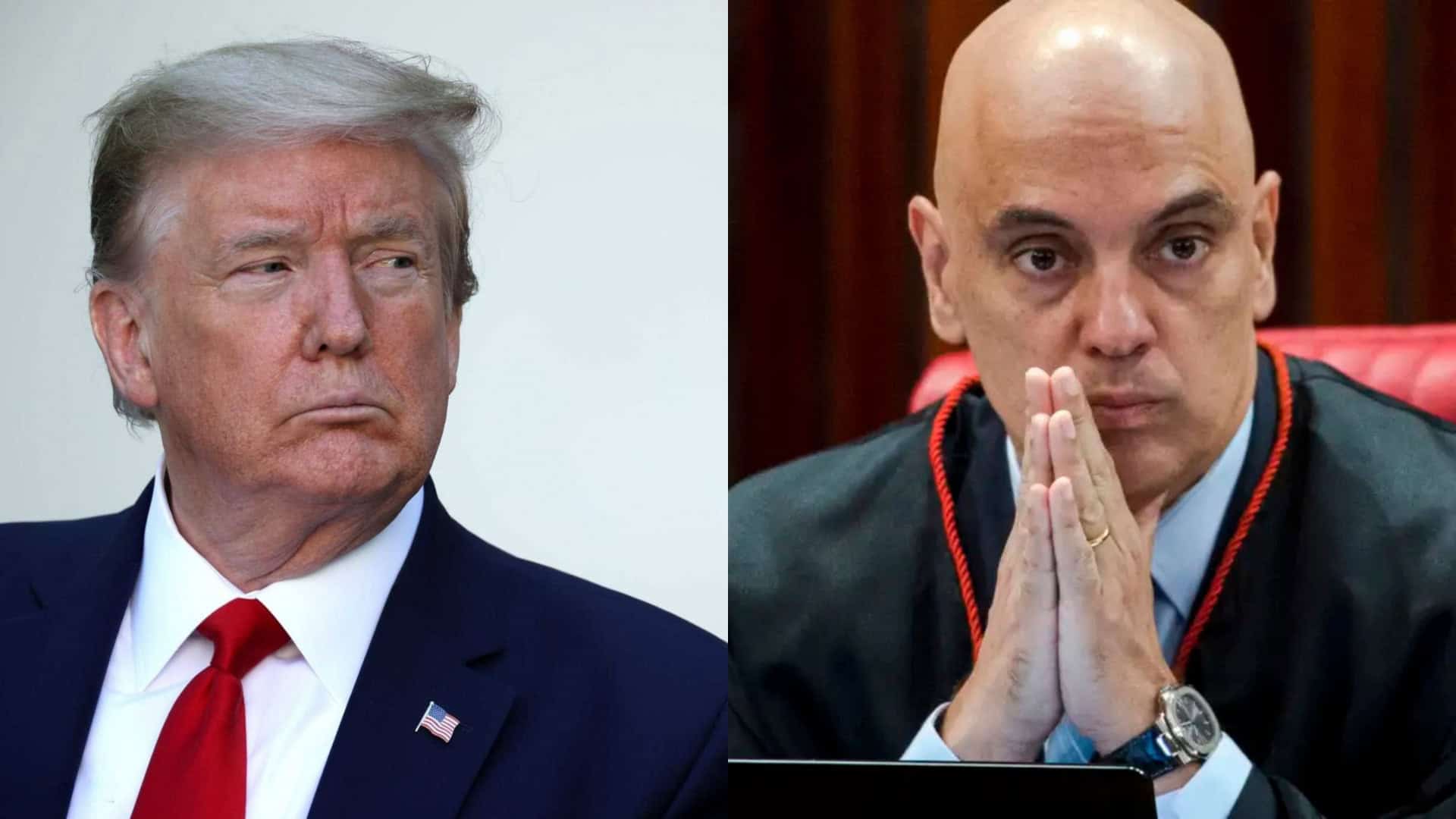 Montagem com fotos de Donald Trump olhando para o lado e de Alexandre de Moraes com as mão juntas e olhando para a frente