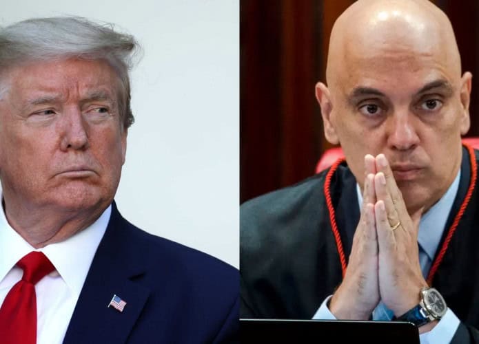 Montagem com fotos de Donald Trump olhando para o lado e de Alexandre de Moraes com as mão juntas e olhando para a frente