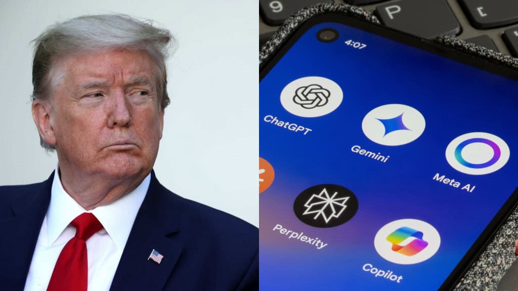 Montagem com fotos de Donald Trump olhando para o lado e de celular exibindo ícones dos aplicativos do ChatGPT, Gemini, Meta AI, Perplexity e Copilot na tela inicial