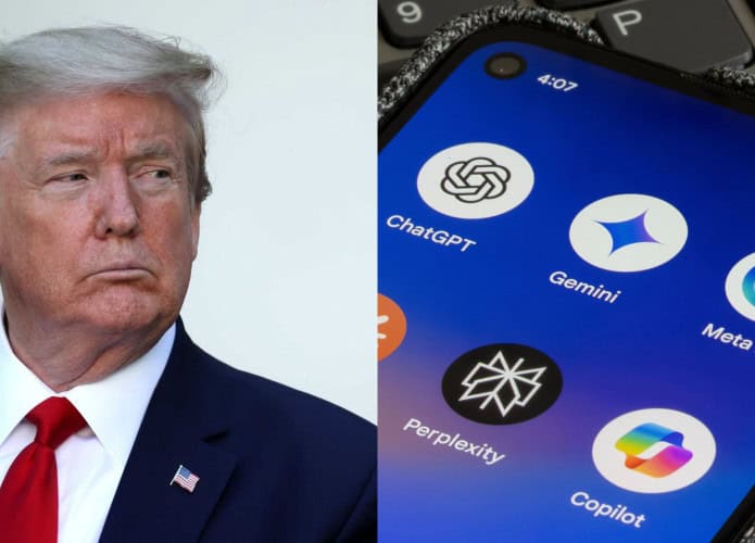 Montagem com fotos de Donald Trump olhando para o lado e de celular exibindo ícones dos aplicativos do ChatGPT, Gemini, Meta AI, Perplexity e Copilot na tela inicial