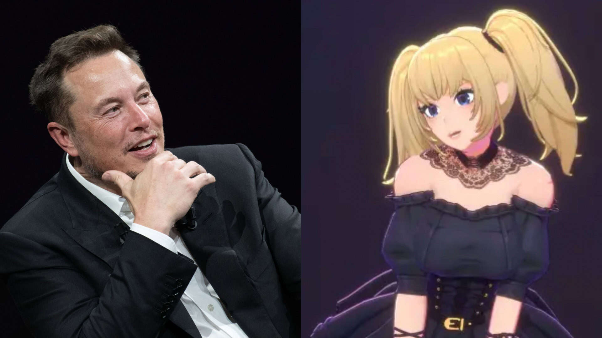 Montagem com fotos de Elon Musk e avatar de IA Ani do xAI