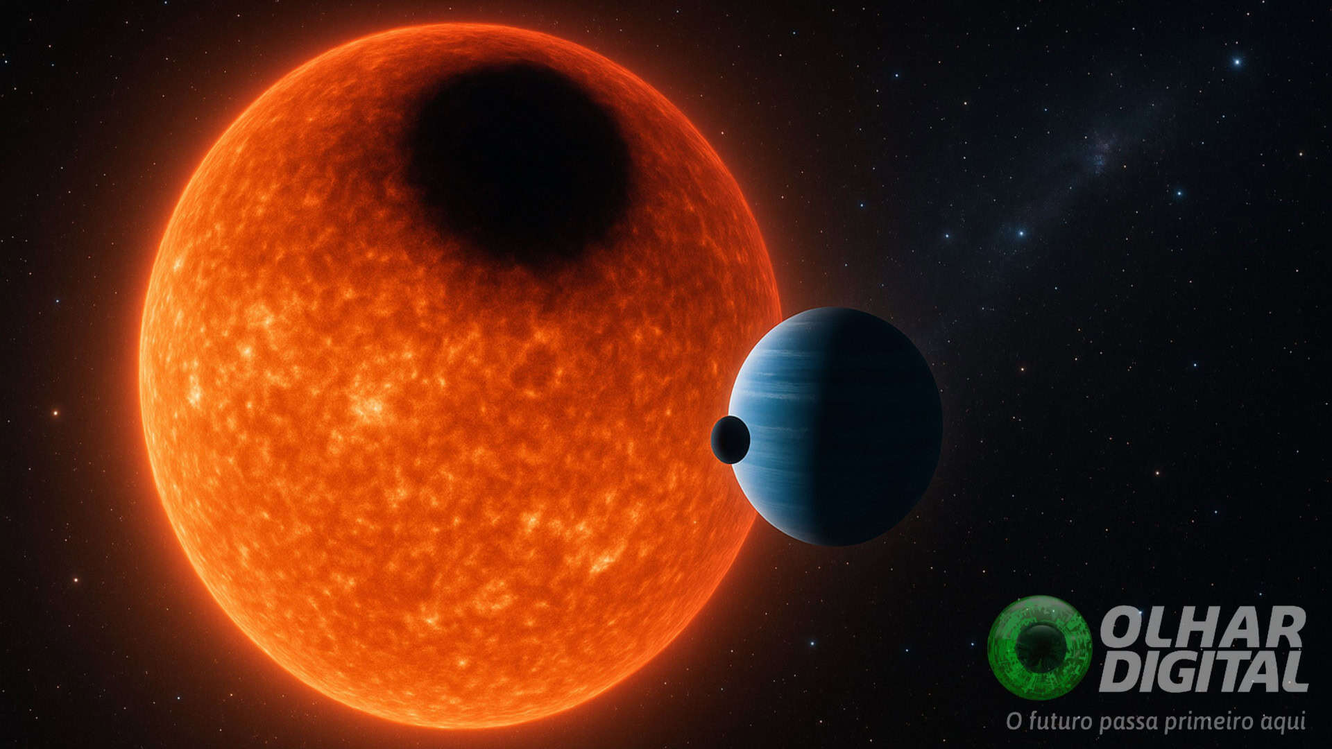 Ilustração de estrela parecida com Sol com mancha no seu polo de cima com exoplaneta parecido com Netuno perto