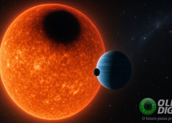 Ilustração de estrela parecida com Sol com mancha no seu polo de cima com exoplaneta parecido com Netuno perto