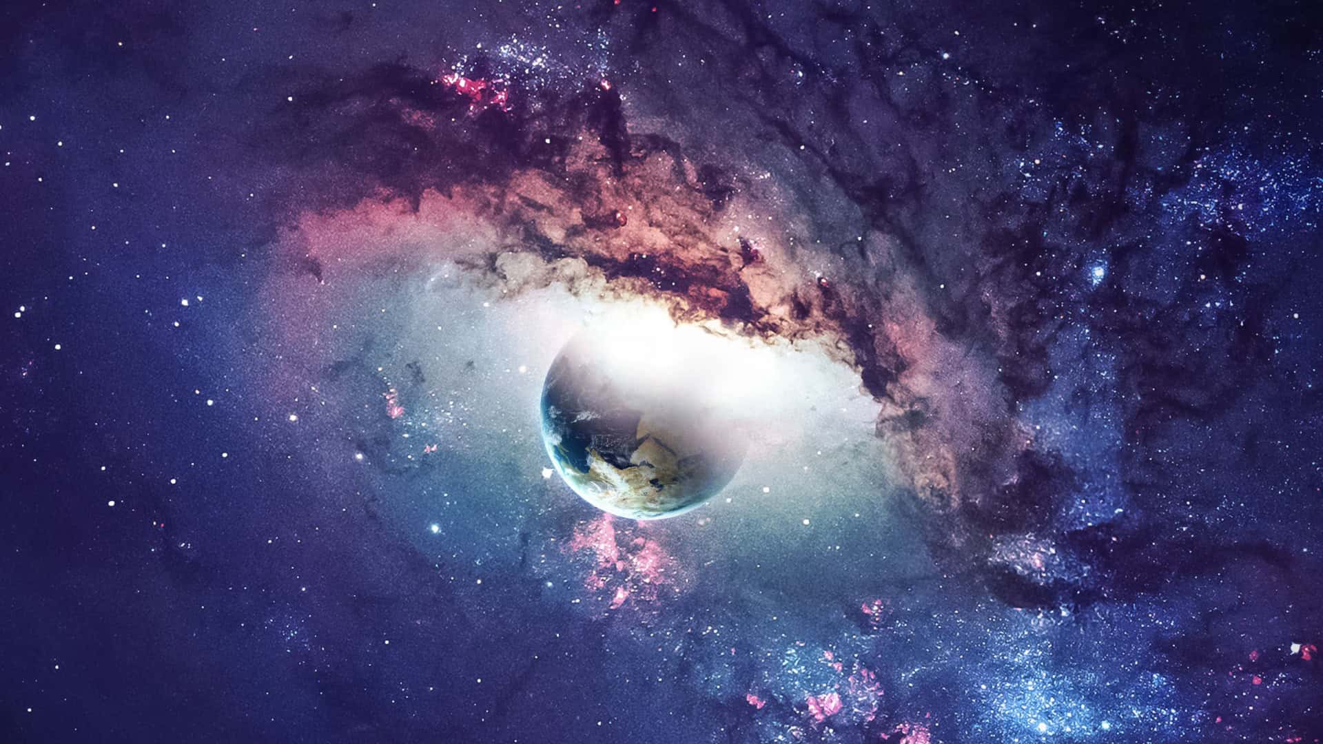 Ilustração de planeta parecido com a Terra sendo engolido por uma galáxia