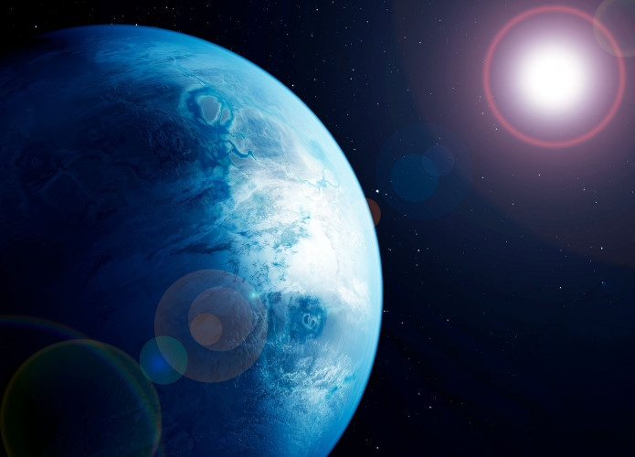 Ilustração digital de exoplaneta com estrela ao longe semelhante ao Sol