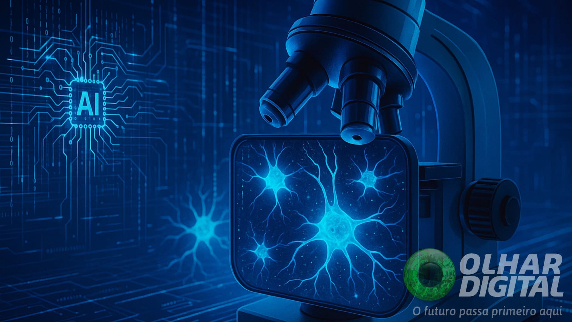 Ilustração de microscópio com inteligência artificial apontado para neurônios