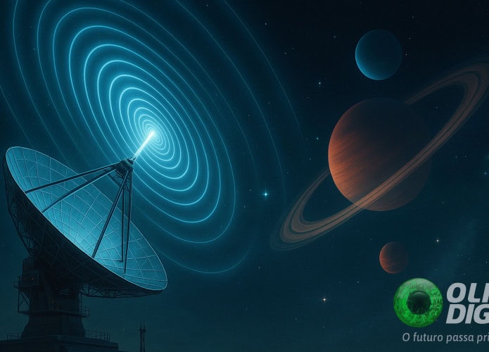 Ilustração de uma estação de radar terrestre emitindo sinais poderosos para o espaço, com planetas e estrelas ao fundo
