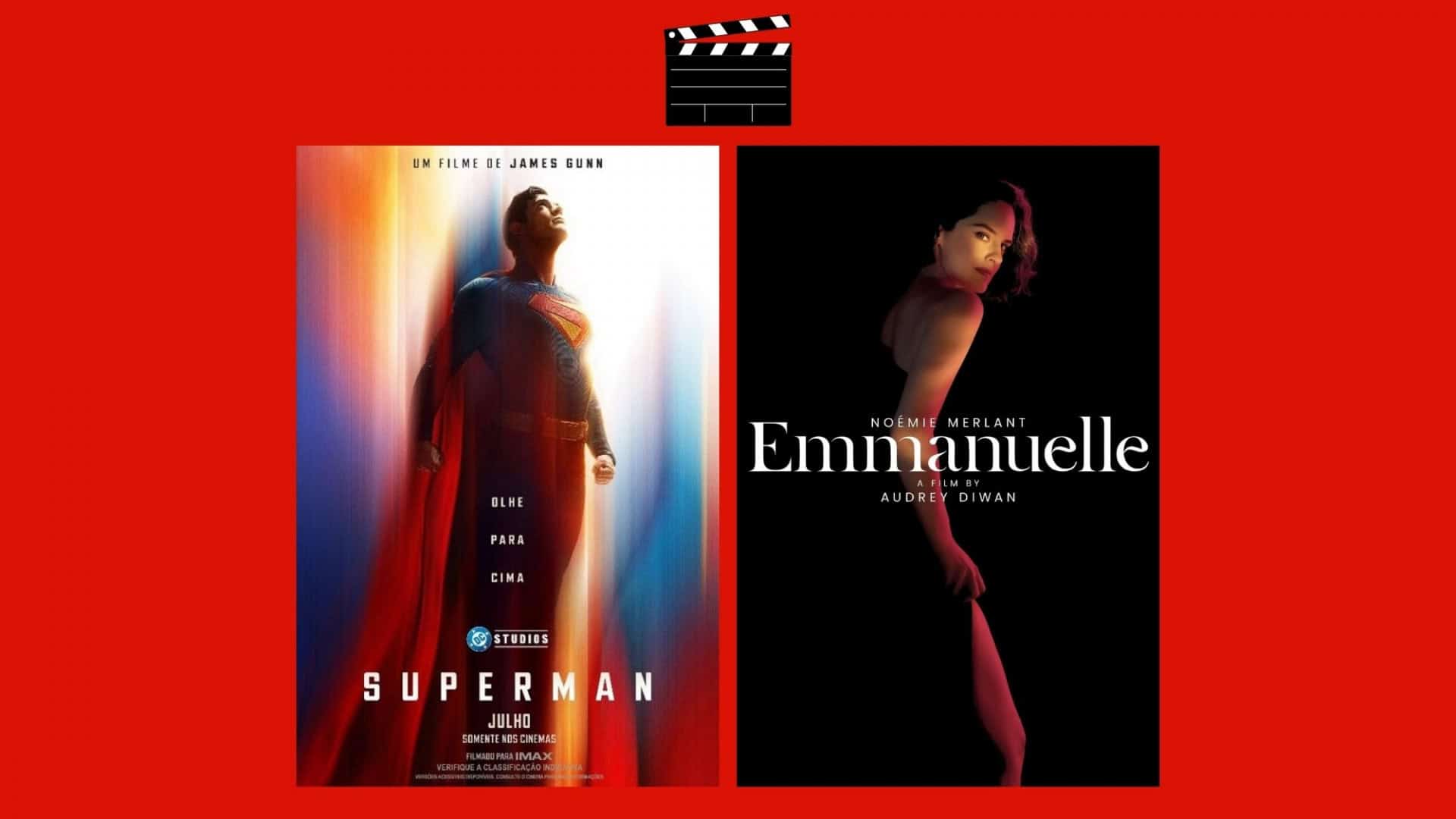 Montagem com pôsteres dos filmes Superman e Emannuelle, dois entre os lançamentos da semana no cinema