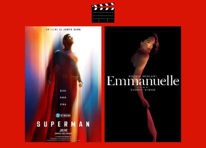 Montagem com pôsteres dos filmes Superman e Emannuelle, dois entre os lançamentos da semana no cinema