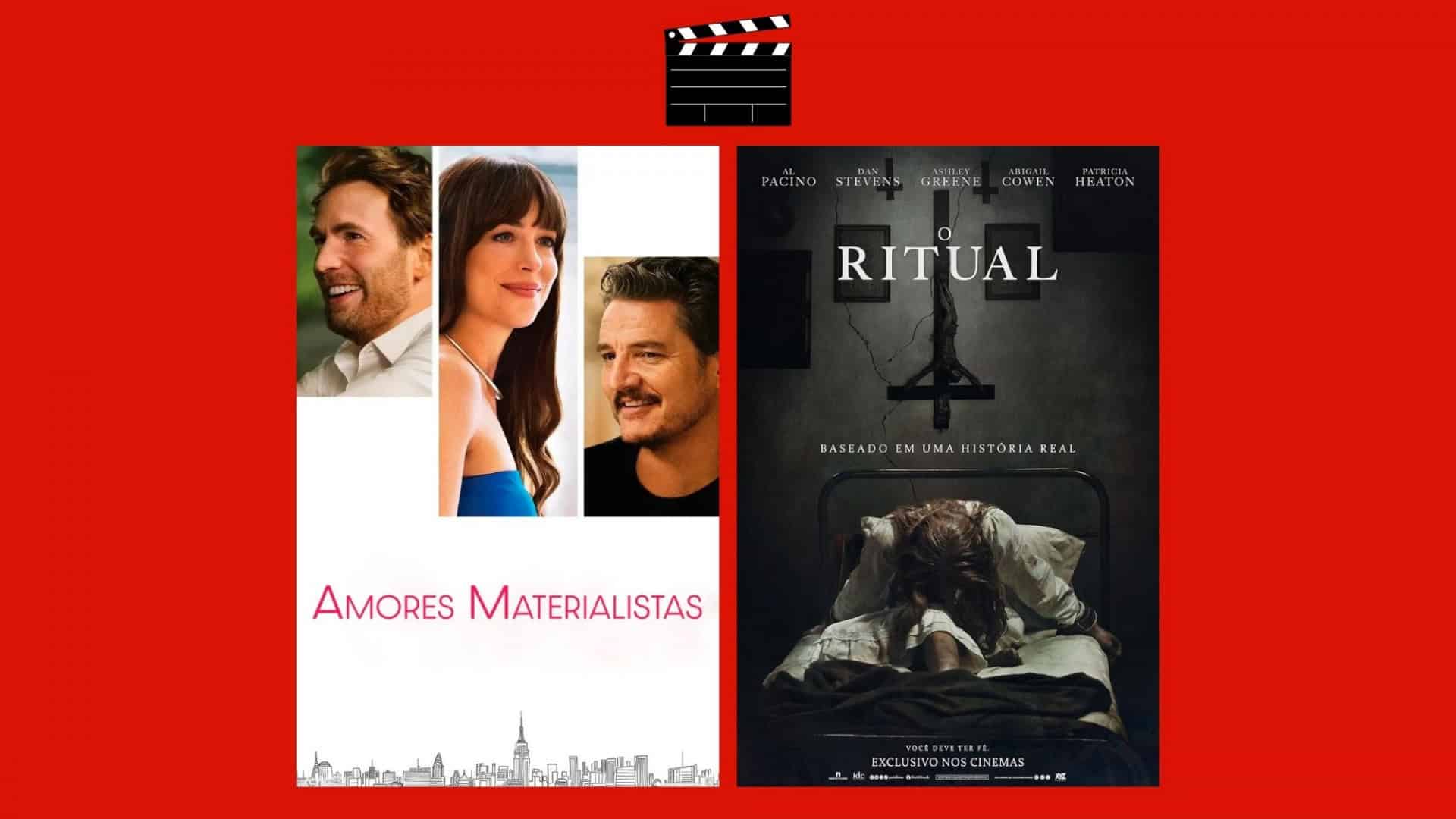 Montagem com pôsteres de Amores Materialistas e O Ritual, dois entre os lançamentos de filmes da semana no cinema
